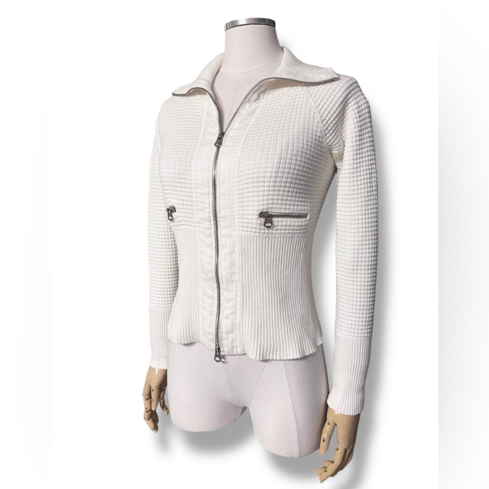 A/X ARMANI EXCHANGE Off White Ribbed & Thermal Waffle Knit Zip Front Sweater